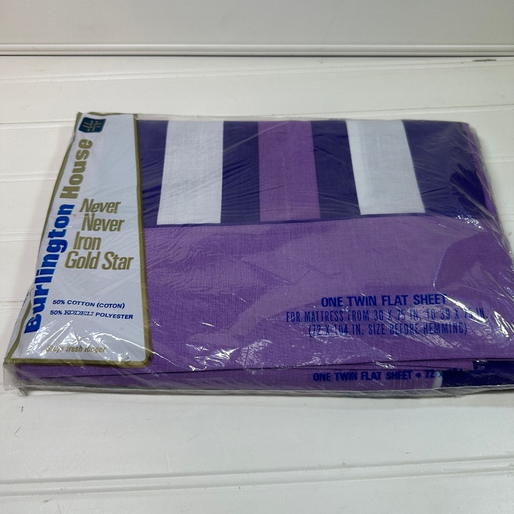 Vtg 1970’s Burlington Twin Flat Sheet Set Purple Navy Stripe New Sheet Fabric  I
